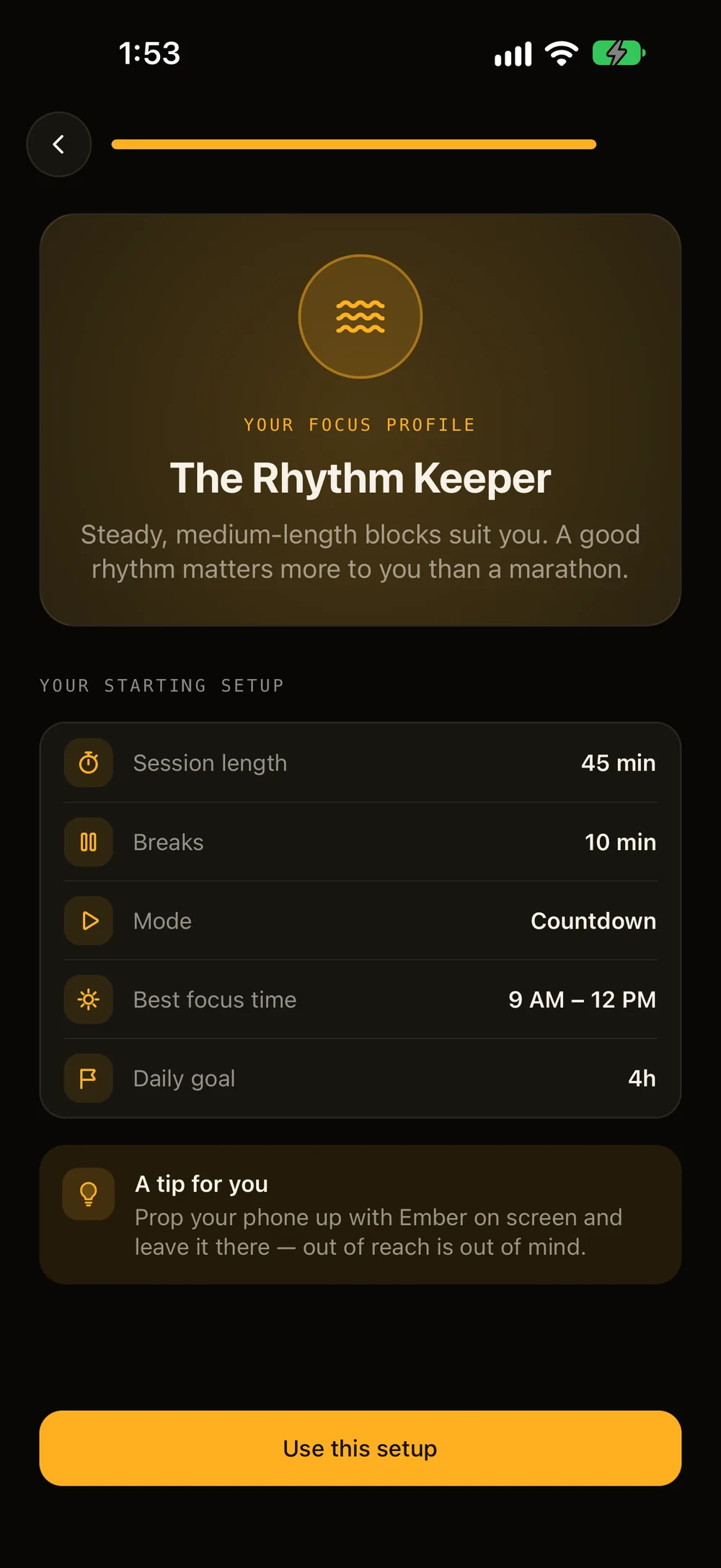 FlipTick's onboarding result: your focus profile is The Rhythm Keeper, with a 45-minute session, 10-minute breaks and a 4-hour daily goal