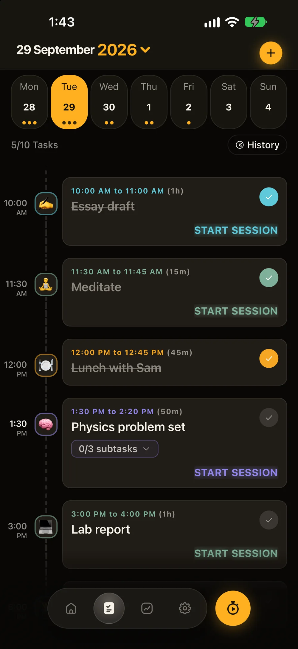 FlipTick's timeline: a day planned in time blocks, the 1:30 PM Physics problem set block showing Start Session